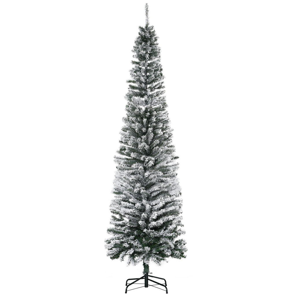 HOMCOM 7.5' Tall Unlit Snow-Flocked Slim Artificial Christmas Tree