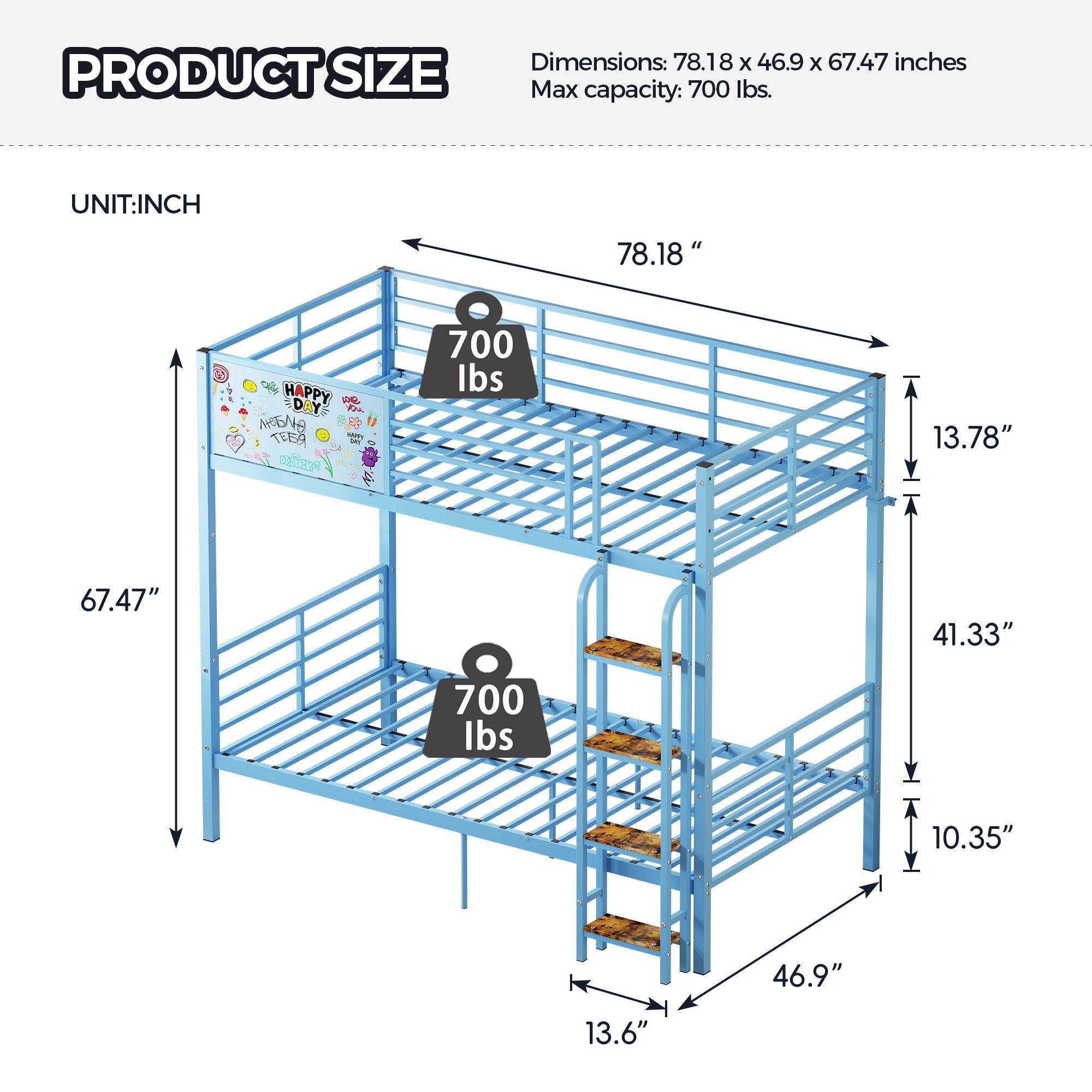 Bunk Bed, Convertible To 2 Separate Twin Size Beds & Full Length Guardrail & Ladder, No Box Spring Needed - Blue