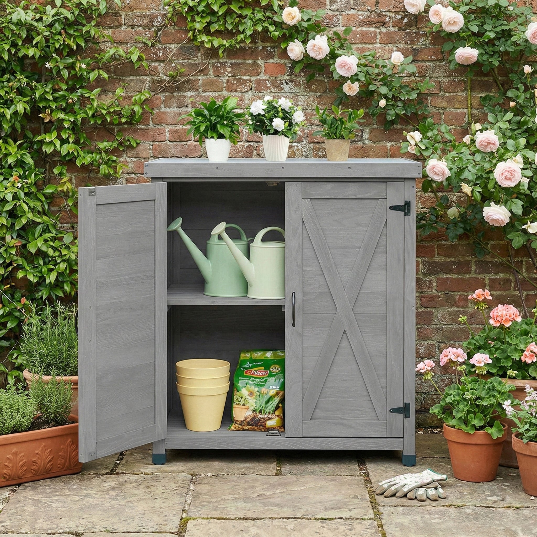 Potting Bench with Storage Cabinet and Metal Table Top