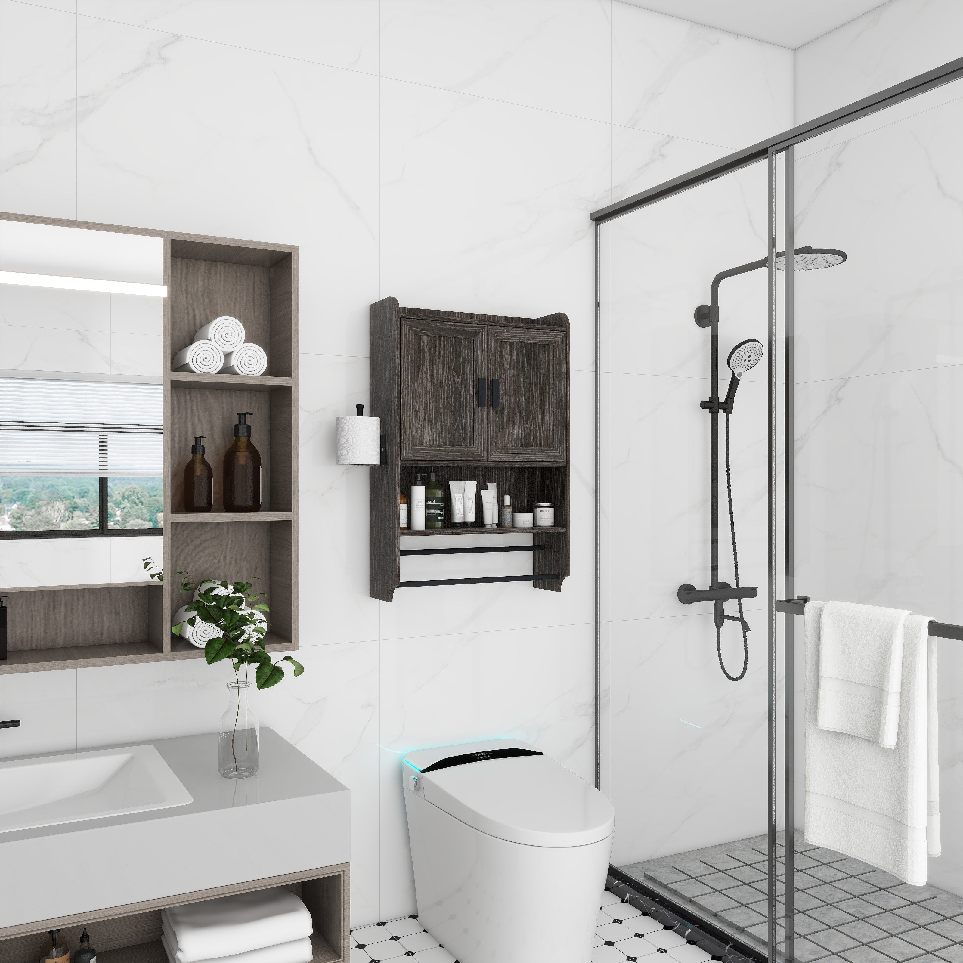 Bathroom Wall Cabinet with Doors, Adjustable Shelf, Towel Bar and Paper Holder