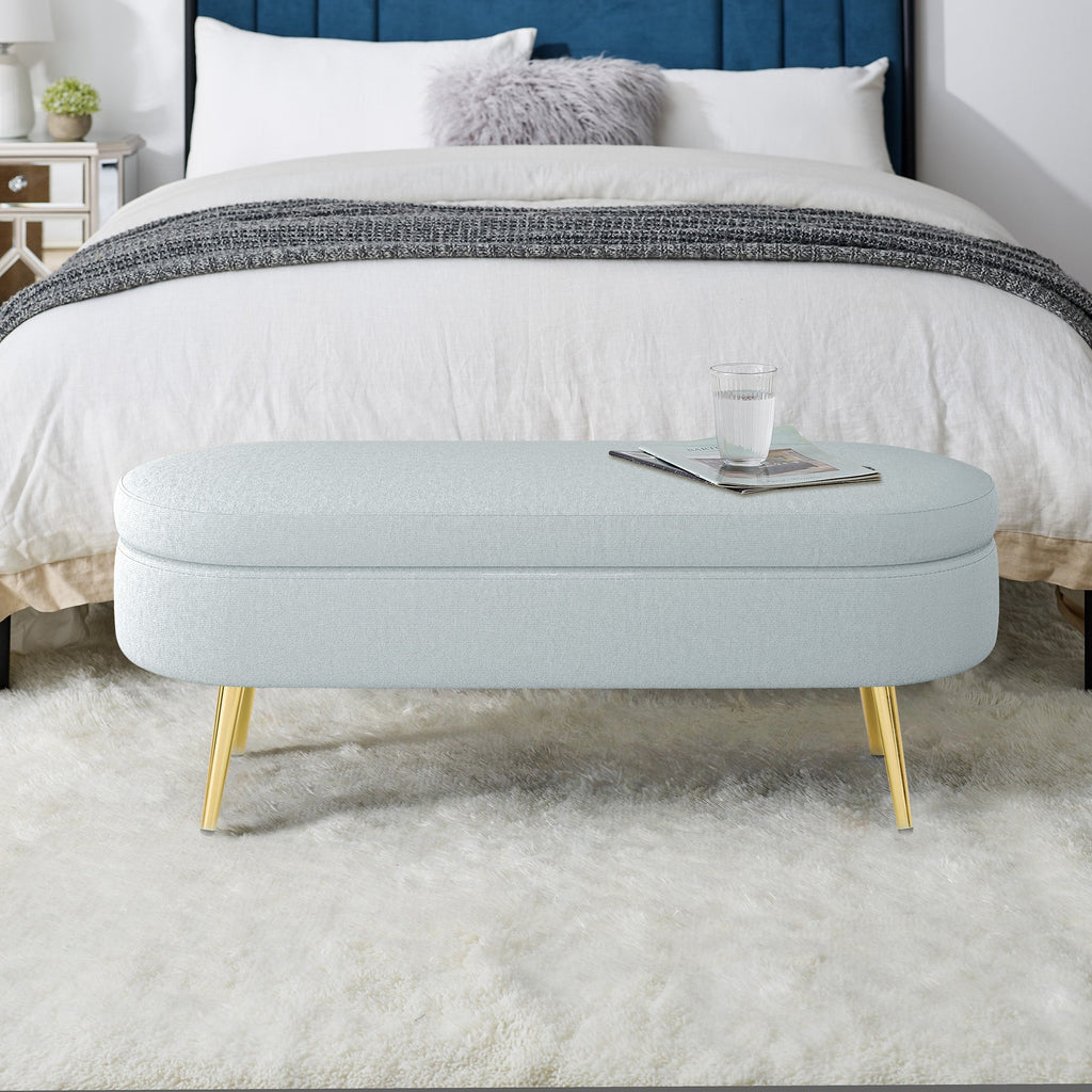 Ottoman Oval Storage Bench, Flannel with Metal Legs-Cyan