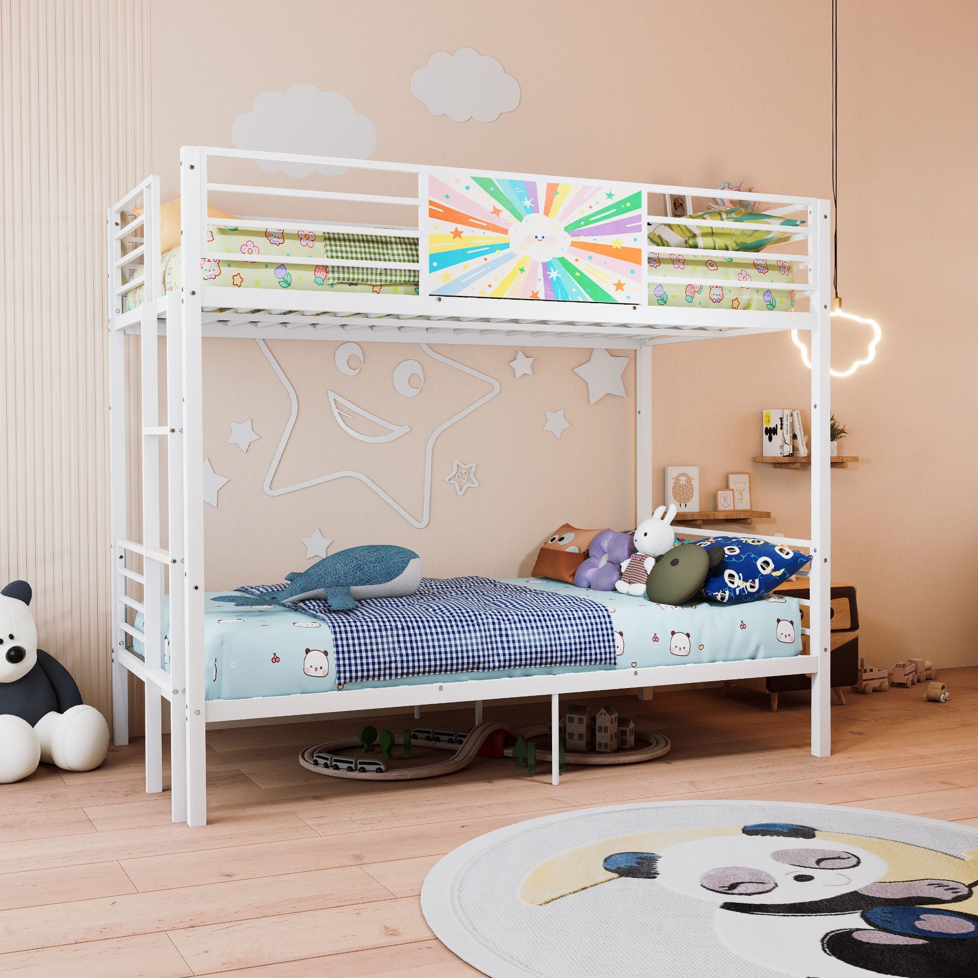 Bunk Bed, Convertible To 2 Separate Twin Size Beds & Full Length Guardrail & Ladder, No Box Spring Needed - White
