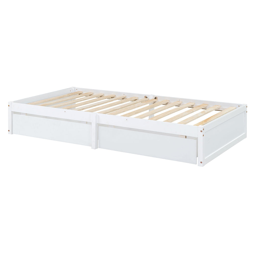 Daybed With Fence Guardrails And 2 Drawers, Split Into Independent Floor Bed & Daybed
