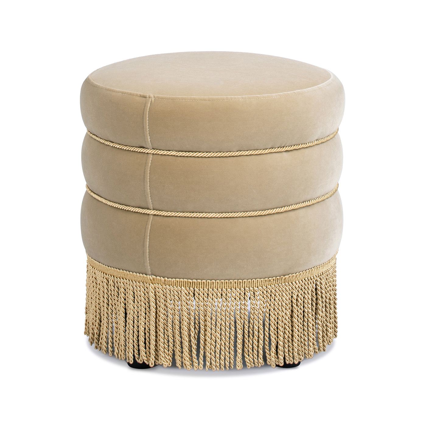 Edward 17.5" Round Upholstered Ottoman with Bullion Fringe