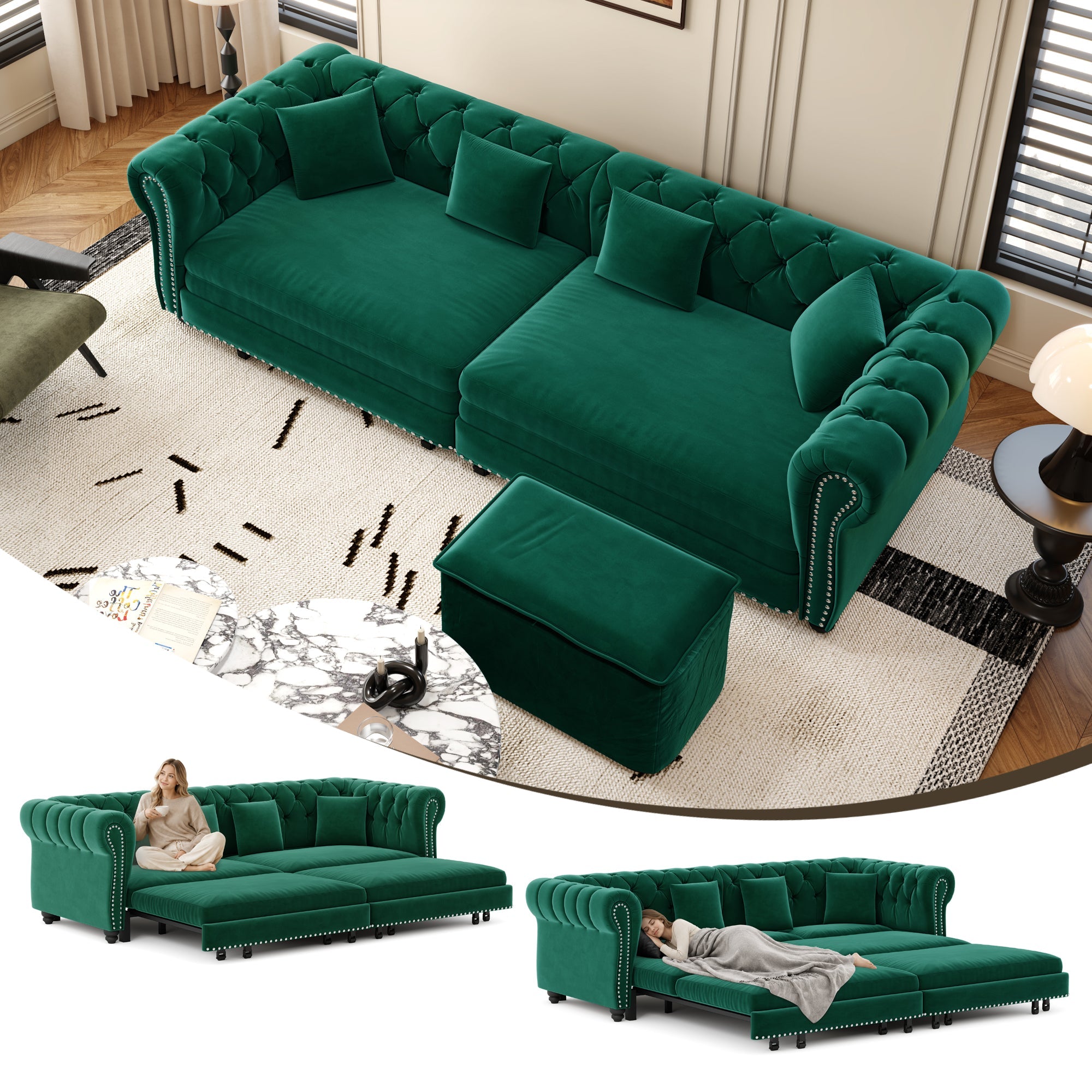 Chesterfield 3-in-1 Pull-Out Sofa Bed - Green