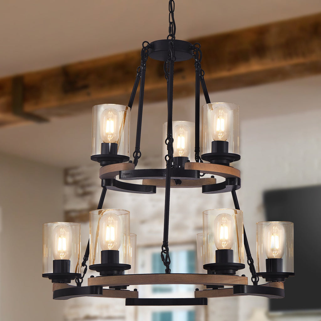 9-Light Vintage Wagon Wheel Chandelier