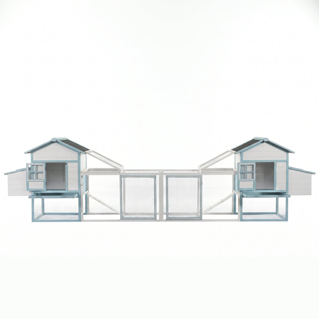 Large Wooden Chicken Coop with Double Nesting Boxes, Outdoor Walk-In Chicken Run with Waterproof Asphalt Roof, Fir Wood Poultry Cage with Pull-Out Dropping Trays
