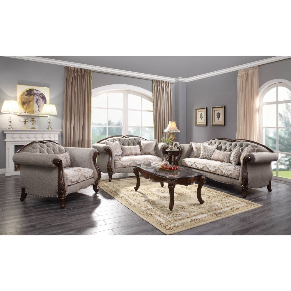 Miyeon - Sofa With 5 Pillows - Fabric & Cherry