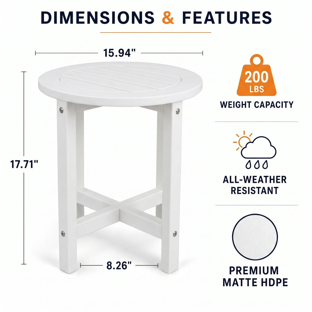 White HDPE Outdoor Side Table, 16 in. Round All-Weather Patio End Table