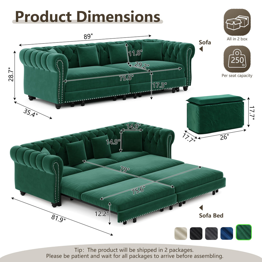 Chesterfield 3-in-1 Pull-Out Sofa Bed - Green