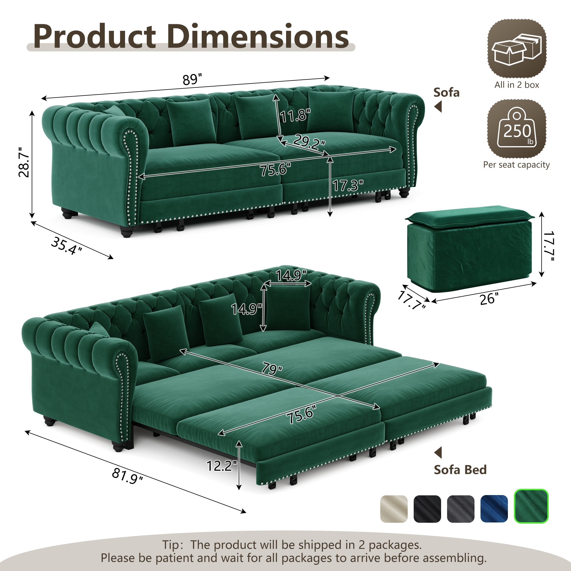 Chesterfield 3-in-1 Pull-Out Sofa Bed - Green