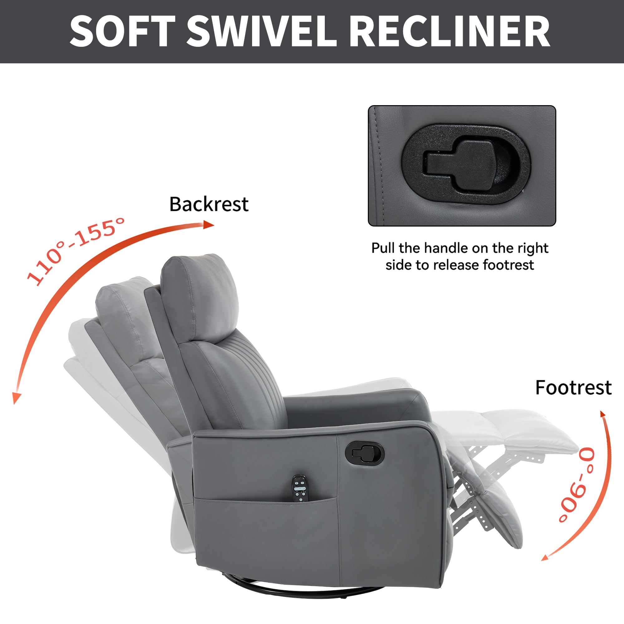 Grey Faux Leather Heat Massage Manual Recliner Chair with Rocker and Swivel