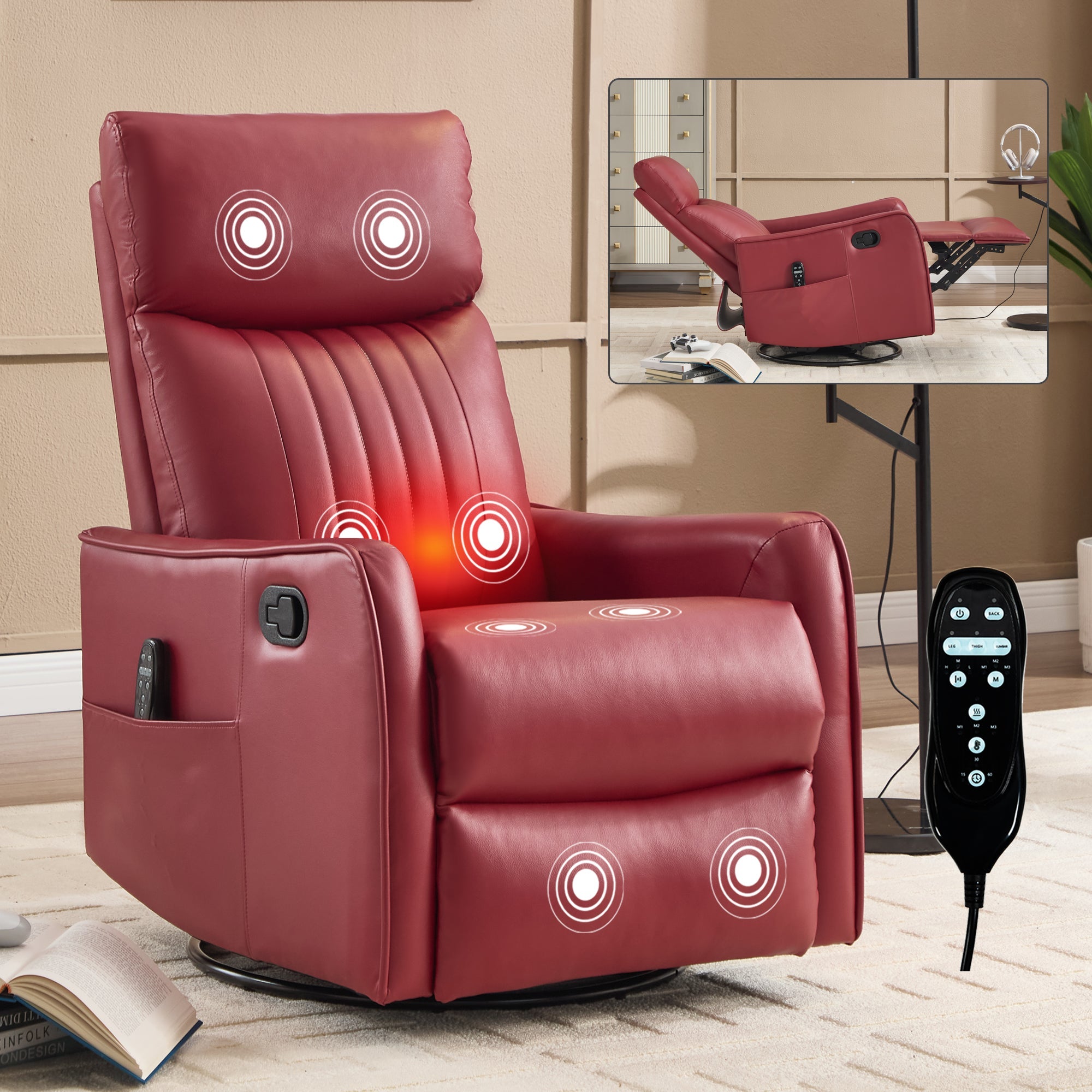 Red Faux Leather Heat Massage Manual Recliner Chair with Rocker and Swivel