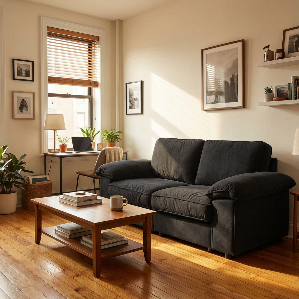 Black Velvet Compact Sofa with Hidden Storage
