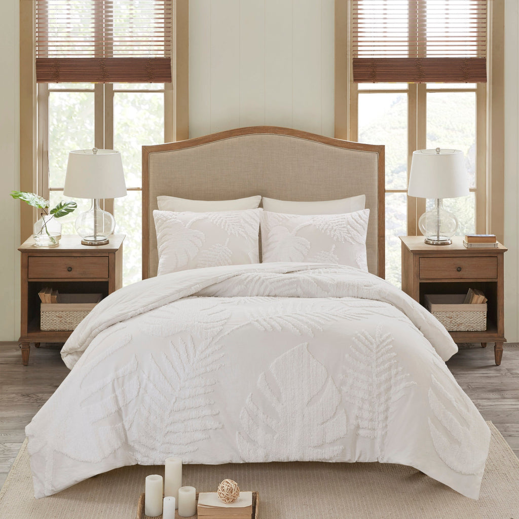 3 Piece Tufted Cotton Chenille Palm Comforter Set Off-White Full/Queen