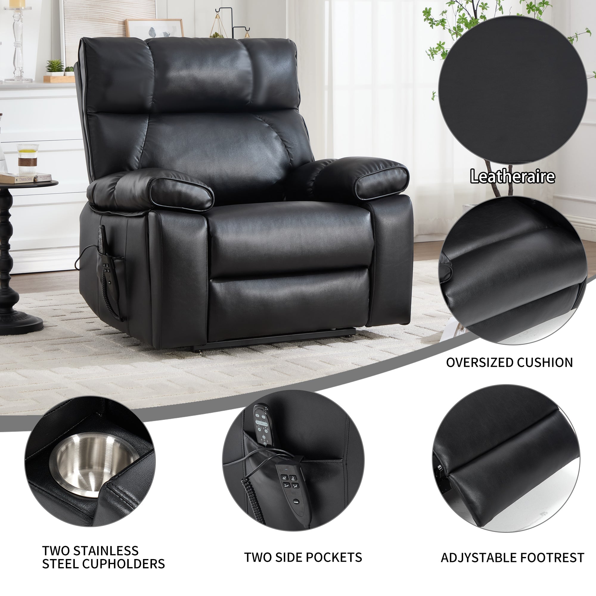 Black Leatheraire Heat Massage Recliner