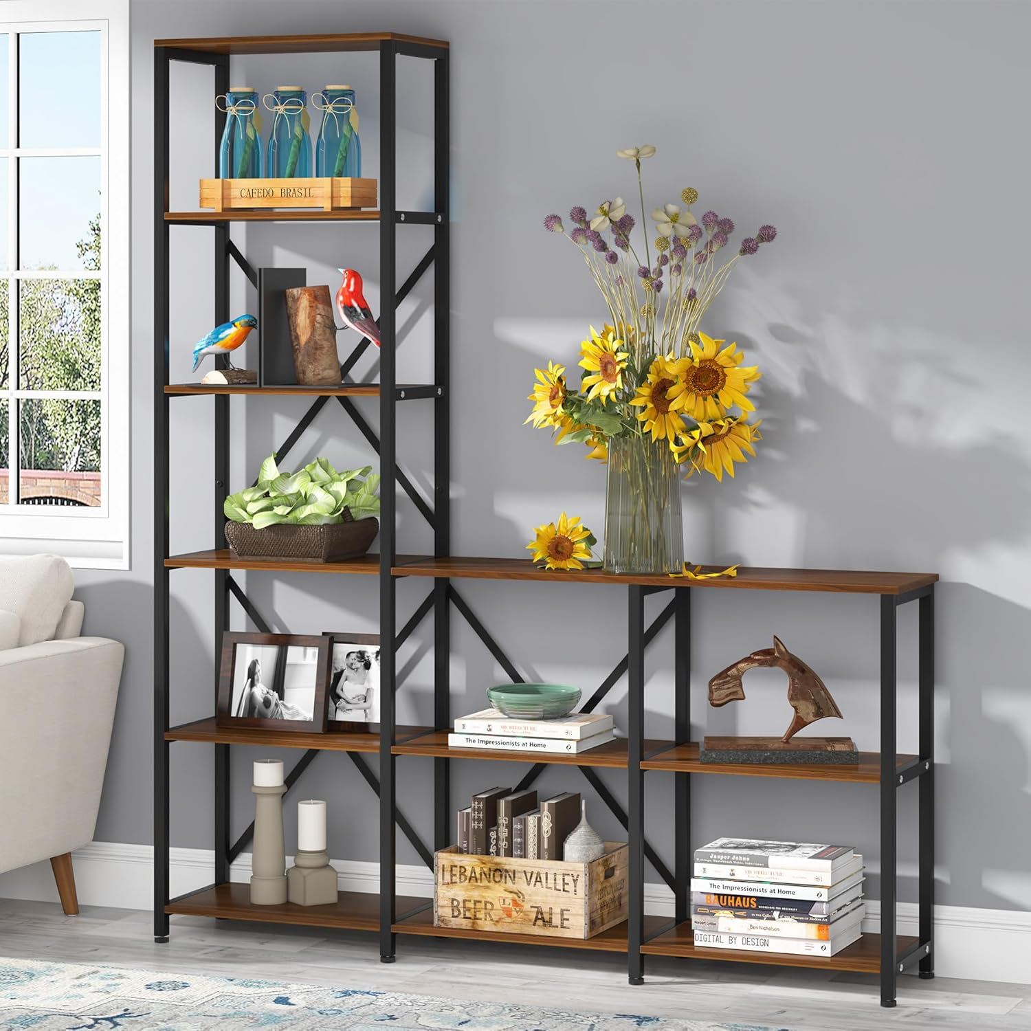 6 Tier Ladder Corner Etagere Bookshelf - Rustic Brown