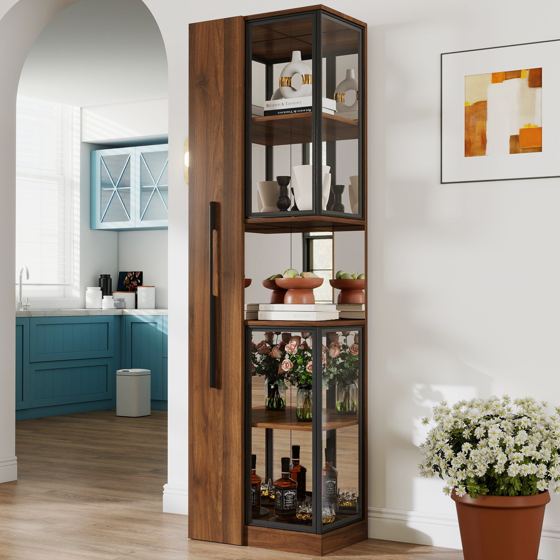 70" Display Cabinet with Glass Doors and Lights, Multi-Tier Storage