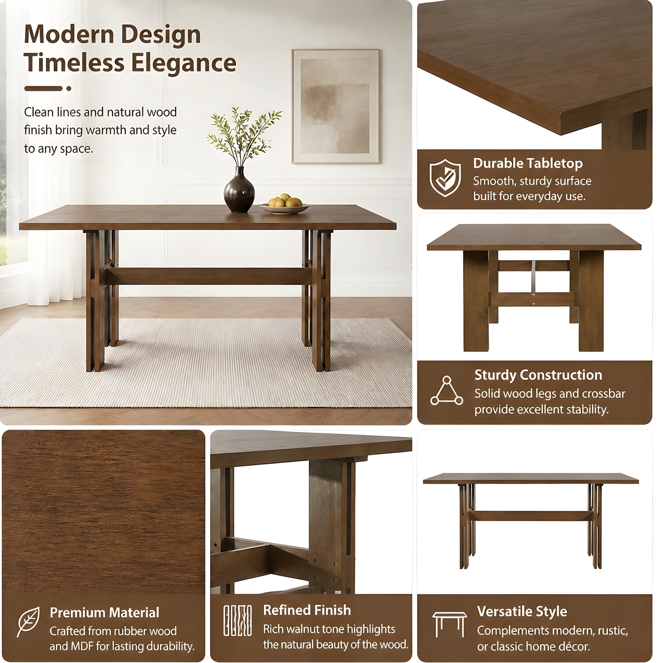 7 Pieces Modern Dining Set, Rustic Farmhouse Solid Wood Kitchen Table Set for 6