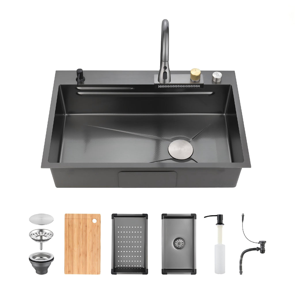 Waterfall Kitchen Sink, Stainless Steel Single Bowl