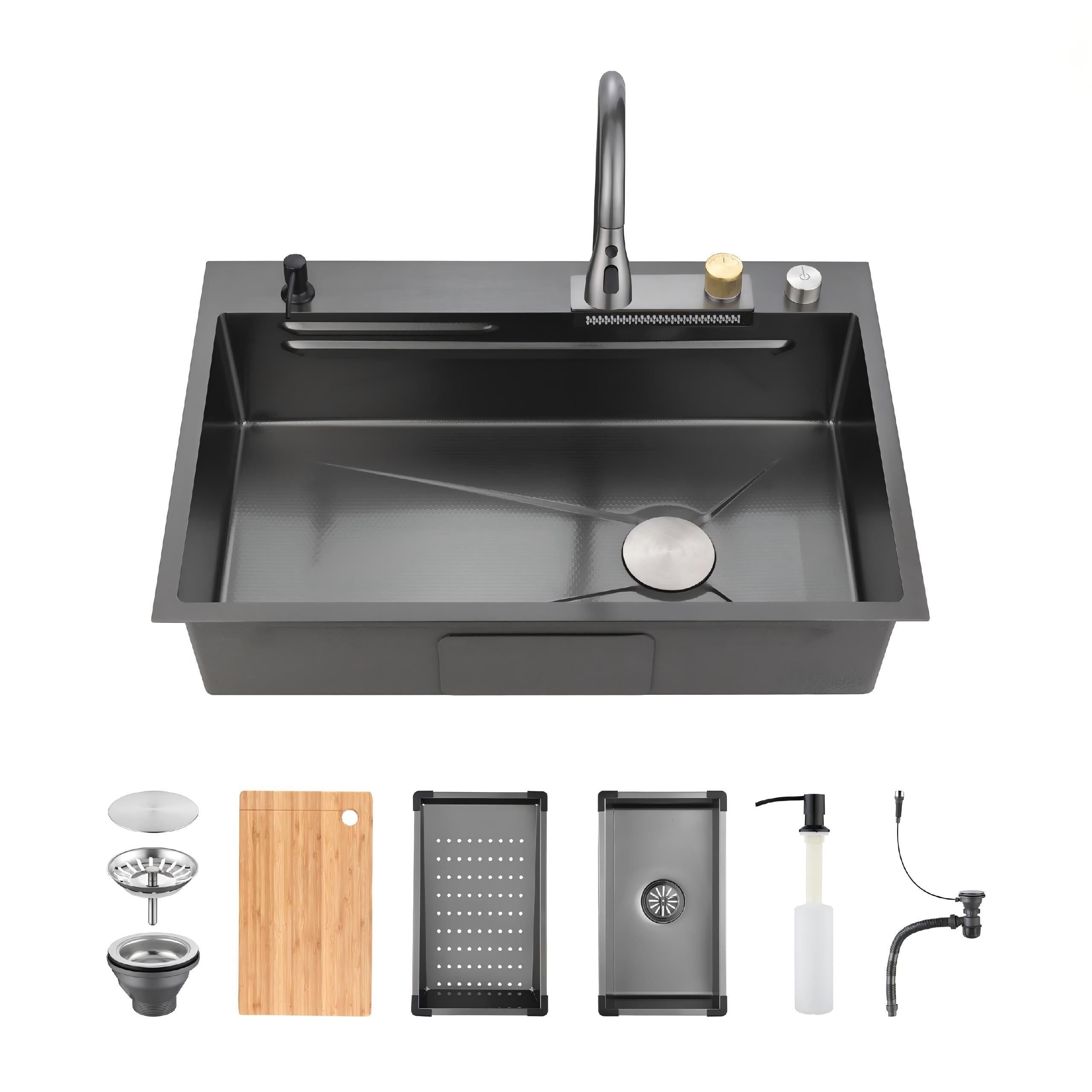 Waterfall Kitchen Sink, Stainless Steel Single Bowl
