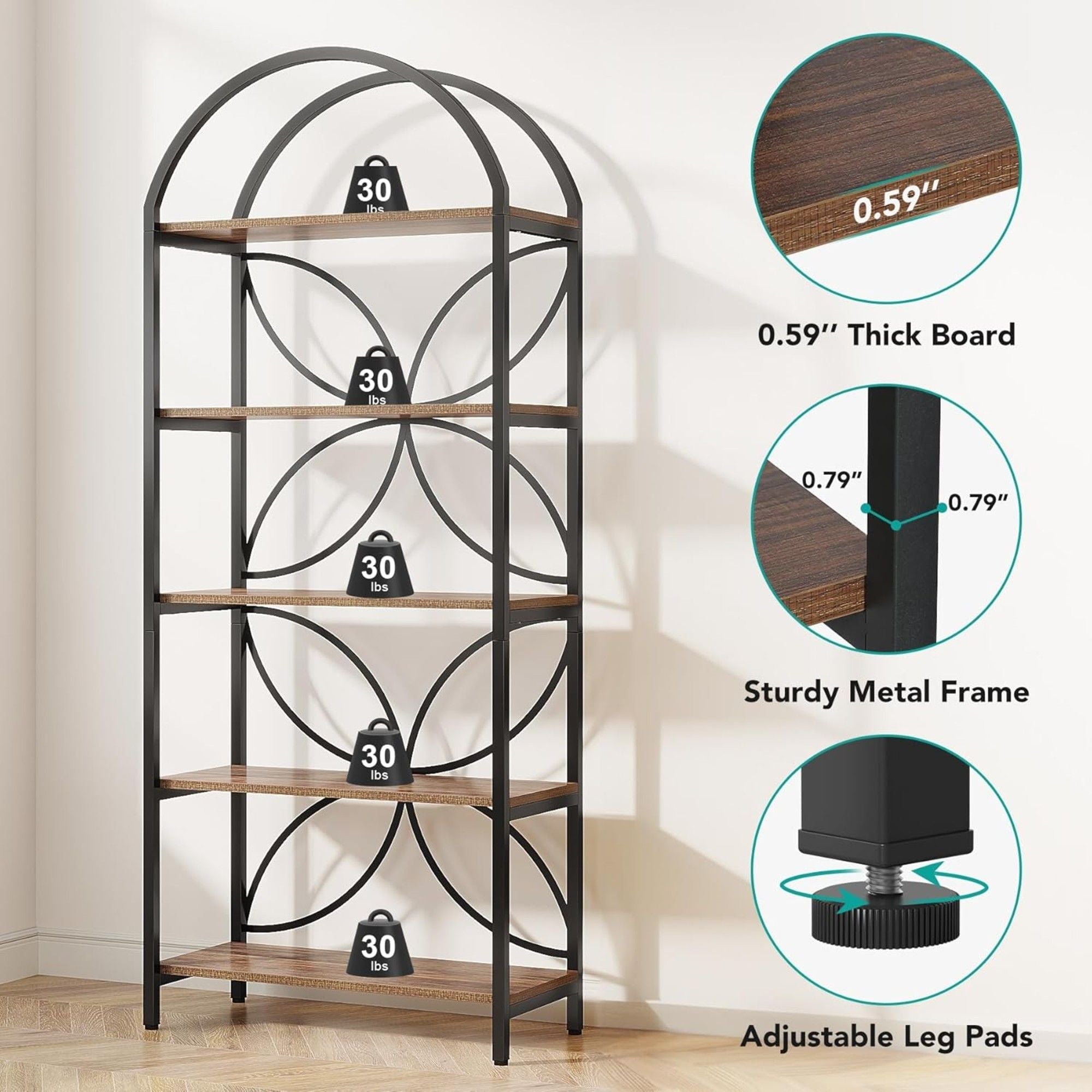 Tall 5 Tier Arched Bookshelf With Shelves For Living Room - Rustic Brown
