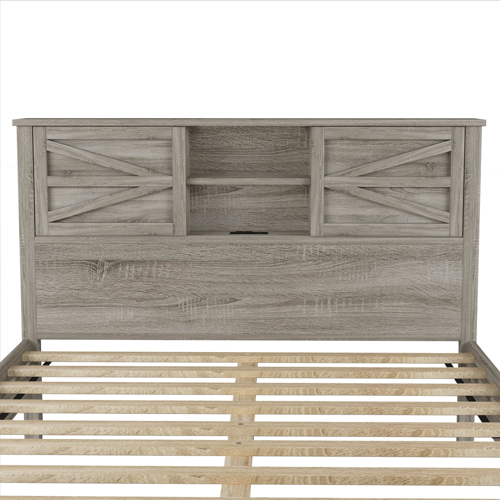 3-Pieces Bedroom Set Queen Size Farmhouse Platform Bed with Storage Headboard and Charging Station