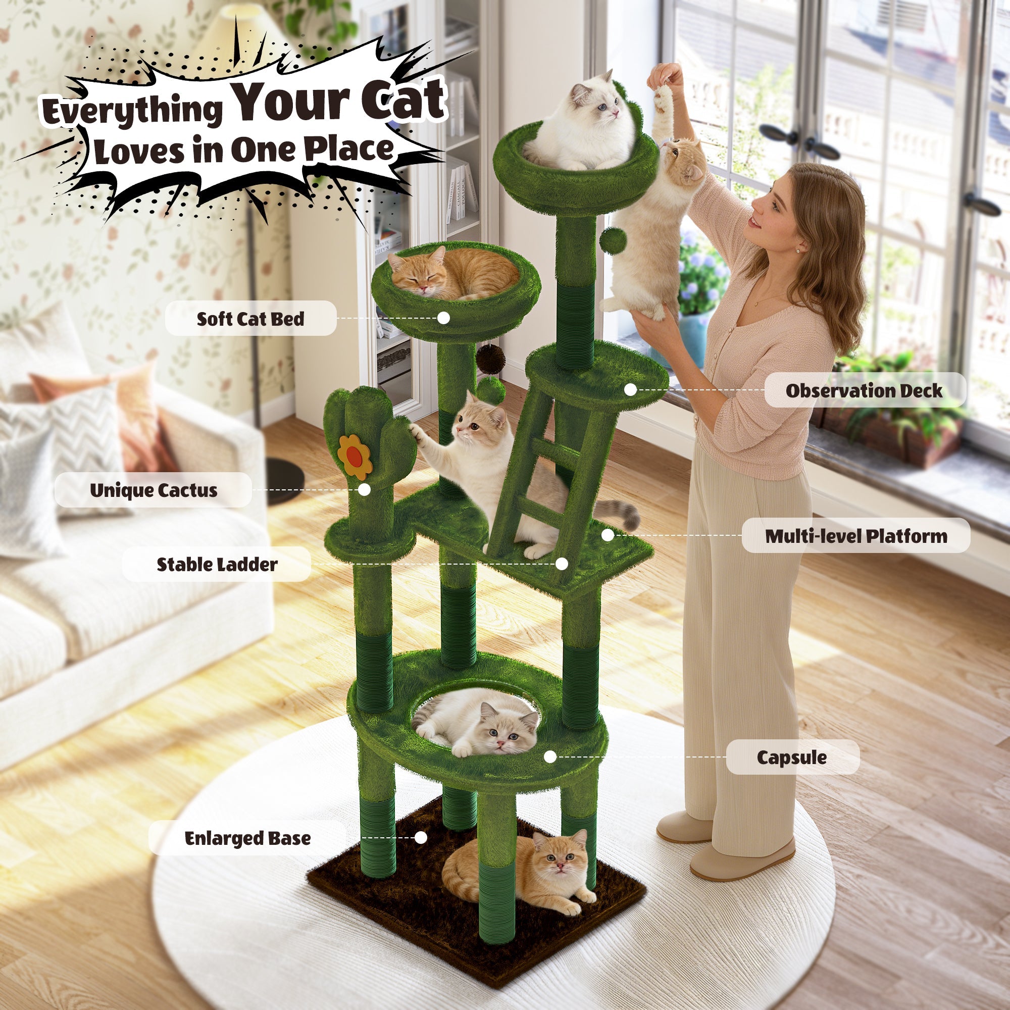 72in Cactus Cat Tree Tall Cat Tower for Indoor Cats