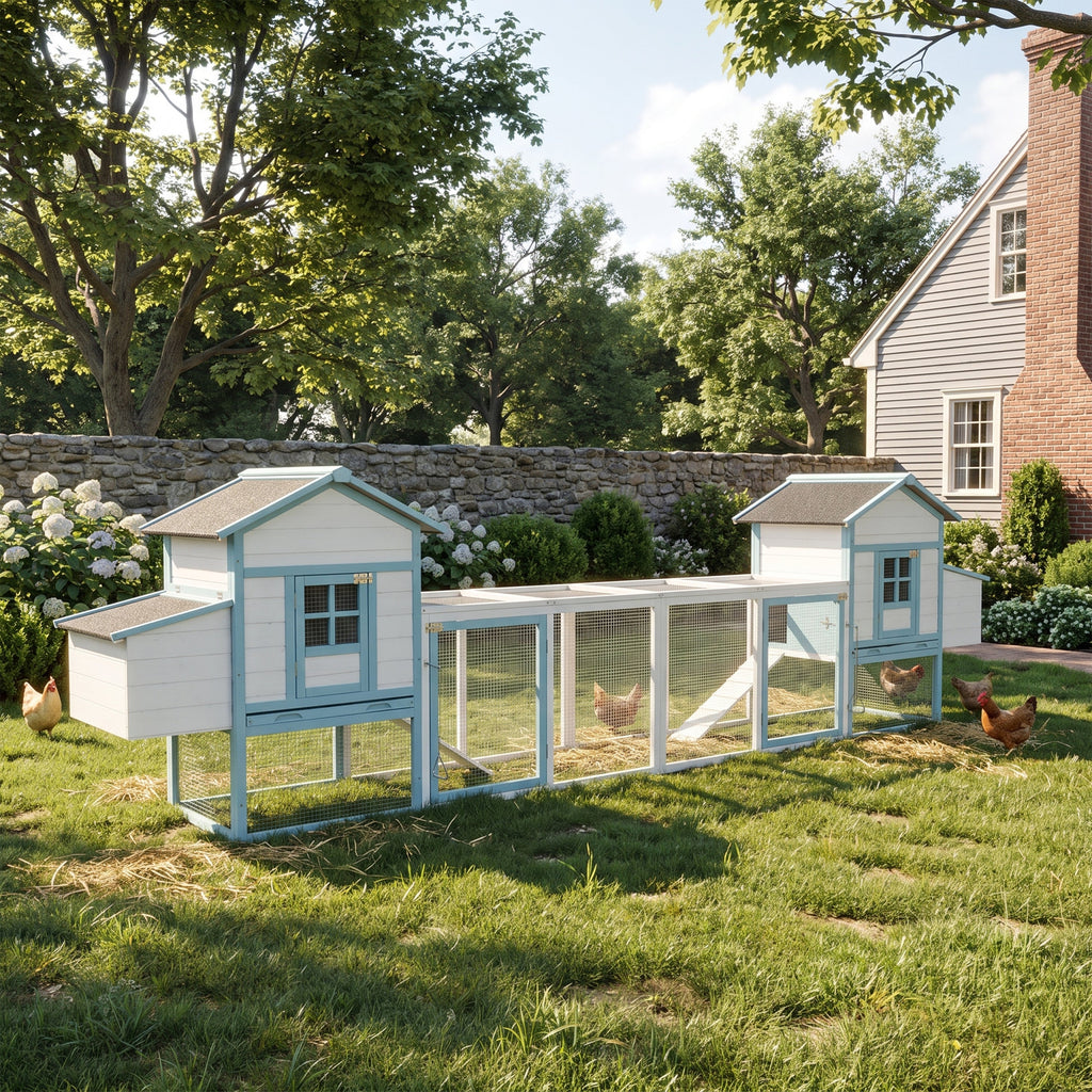 Large Wooden Chicken Coop with Double Nesting Boxes, Outdoor Walk-In Chicken Run with Waterproof Asphalt Roof, Fir Wood Poultry Cage with Pull-Out Dropping Trays