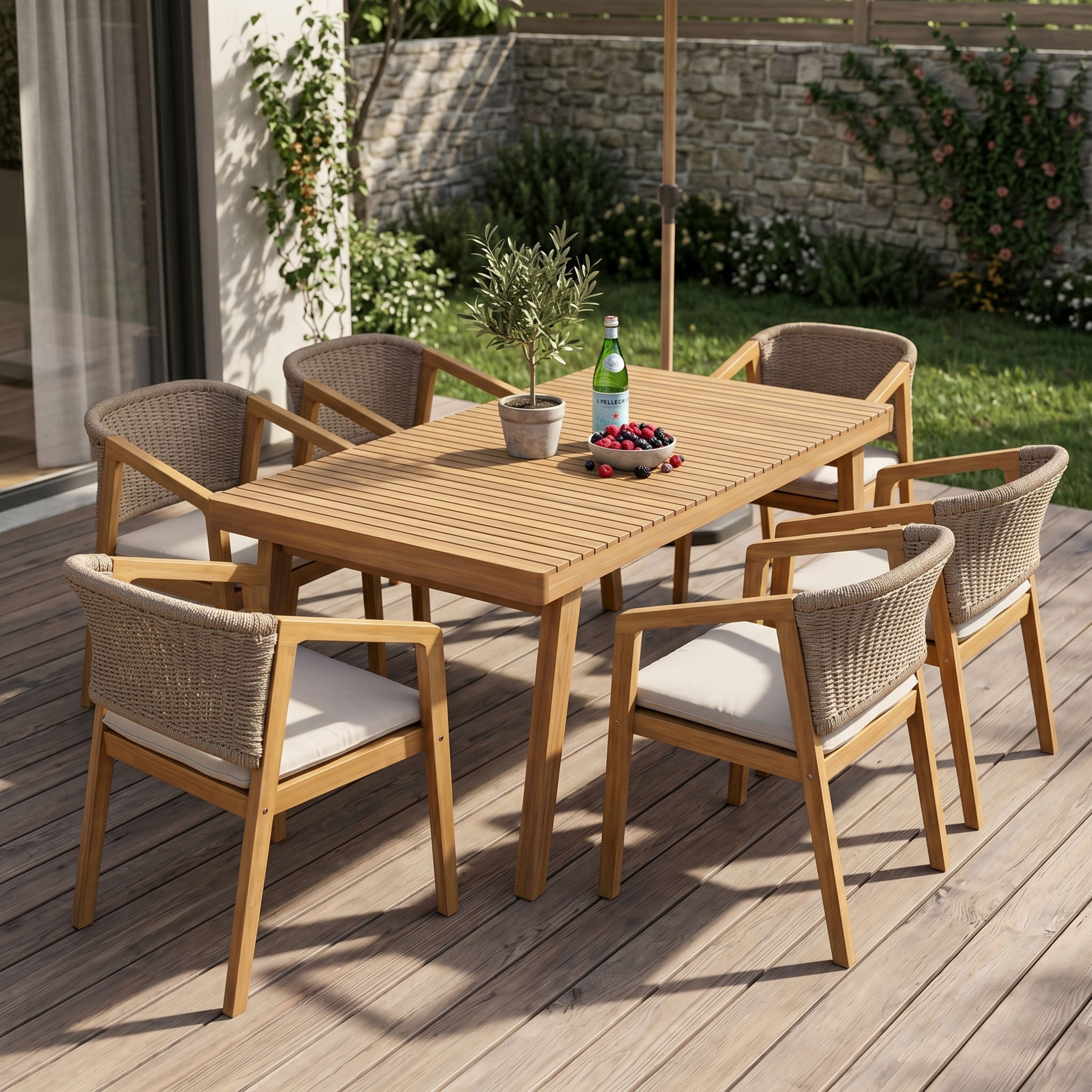 7-Piece Outdoor Acacia Wood Dining Set, 69" Rectangular Patio Table & 6 Mix