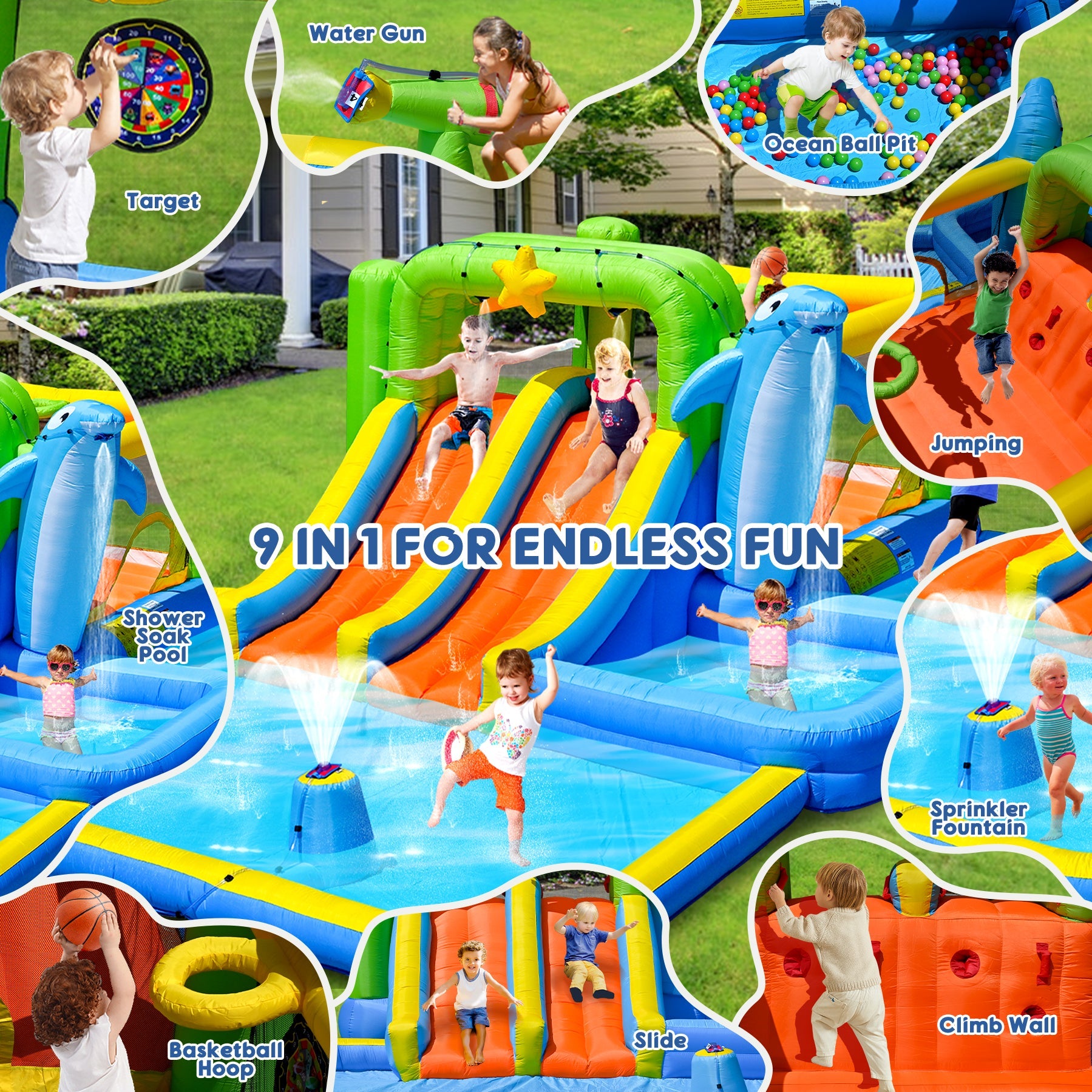 9-in-1 Inflatable Bounce House with Water Features for Kids