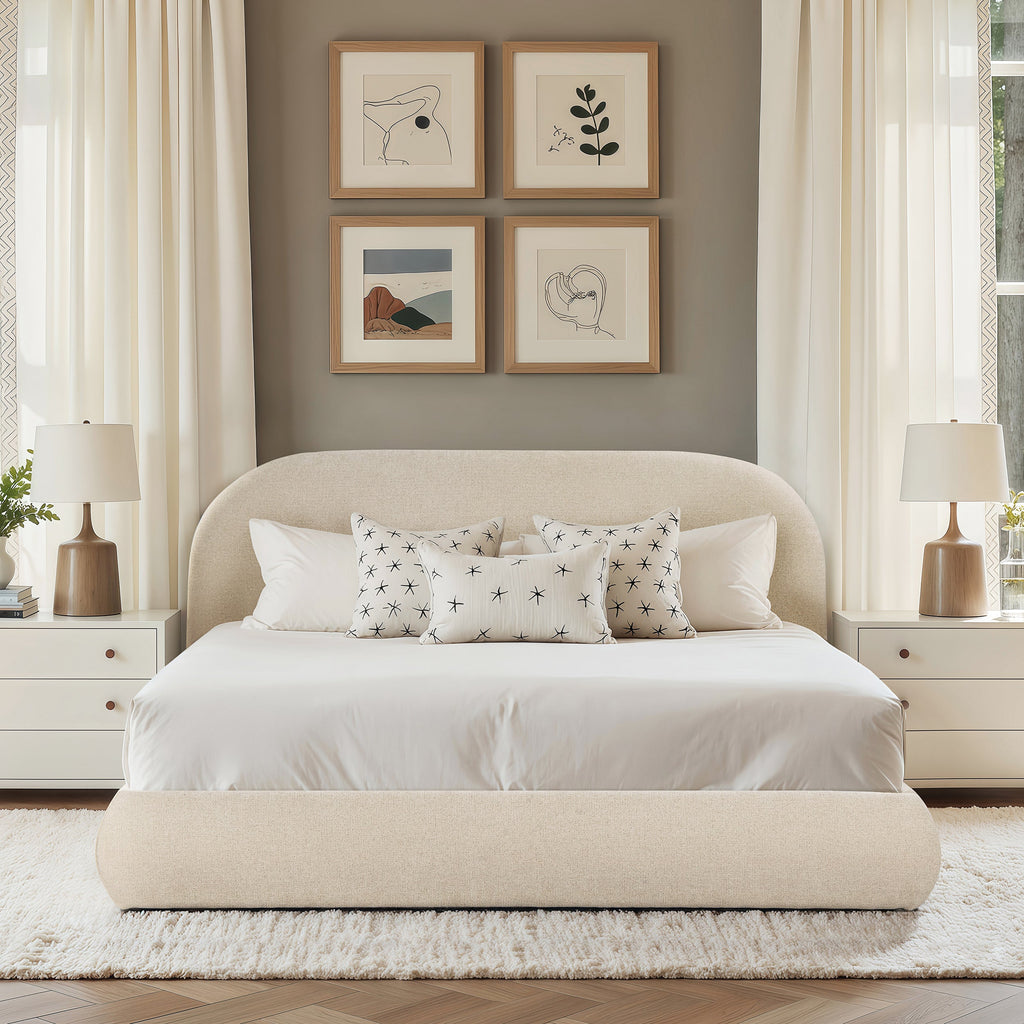 Archie Puffy Grounded Upholstered Platform Bed - Oatmeal Light
