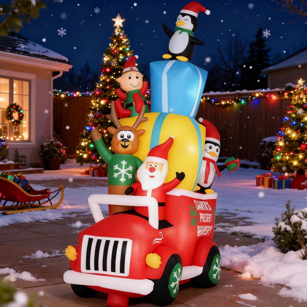 Inflatable Santa Gift Delivery Truck with Elf, Reindeer & Penguins