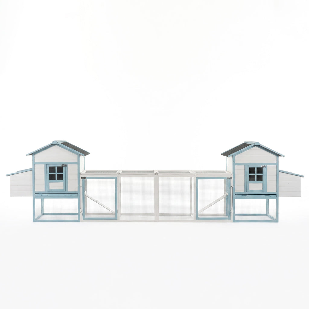 Large Wooden Chicken Coop with Double Nesting Boxes, Outdoor Walk-In Chicken Run with Waterproof Asphalt Roof, Fir Wood Poultry Cage with Pull-Out Dropping Trays
