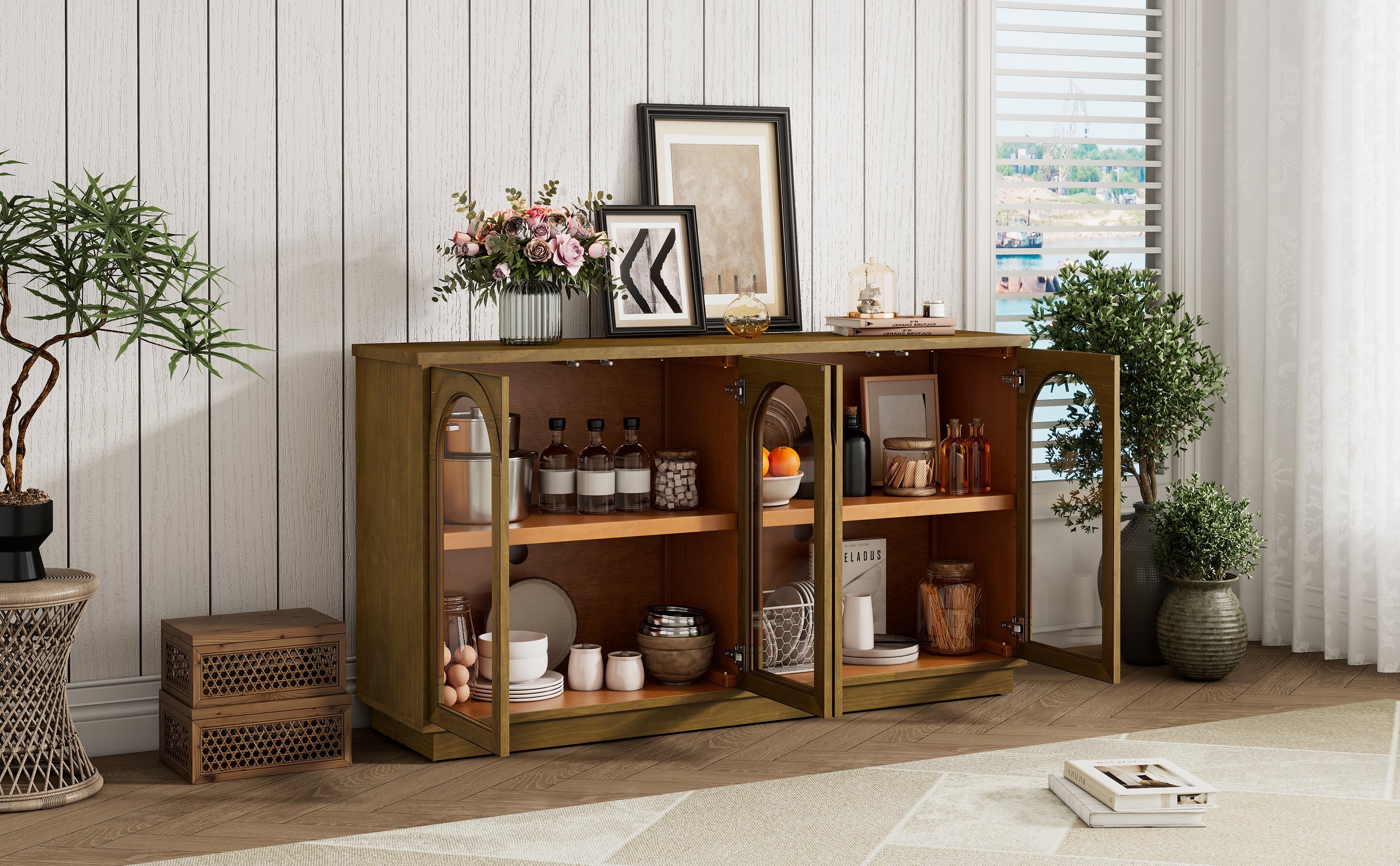 TREXM 4-Door Large Storage Buffet Cabinet with Glass Doors