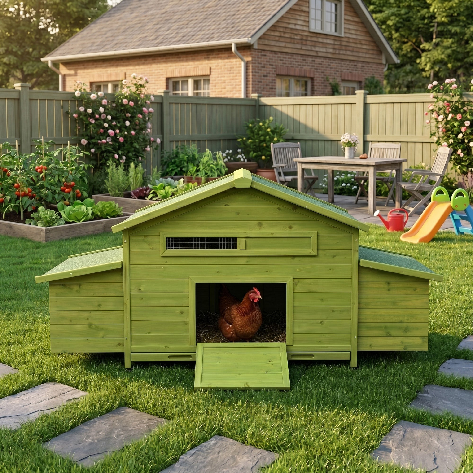 70" Large Wooden Chicken Coop with 2 Nesting Boxes and Waterproof Roof