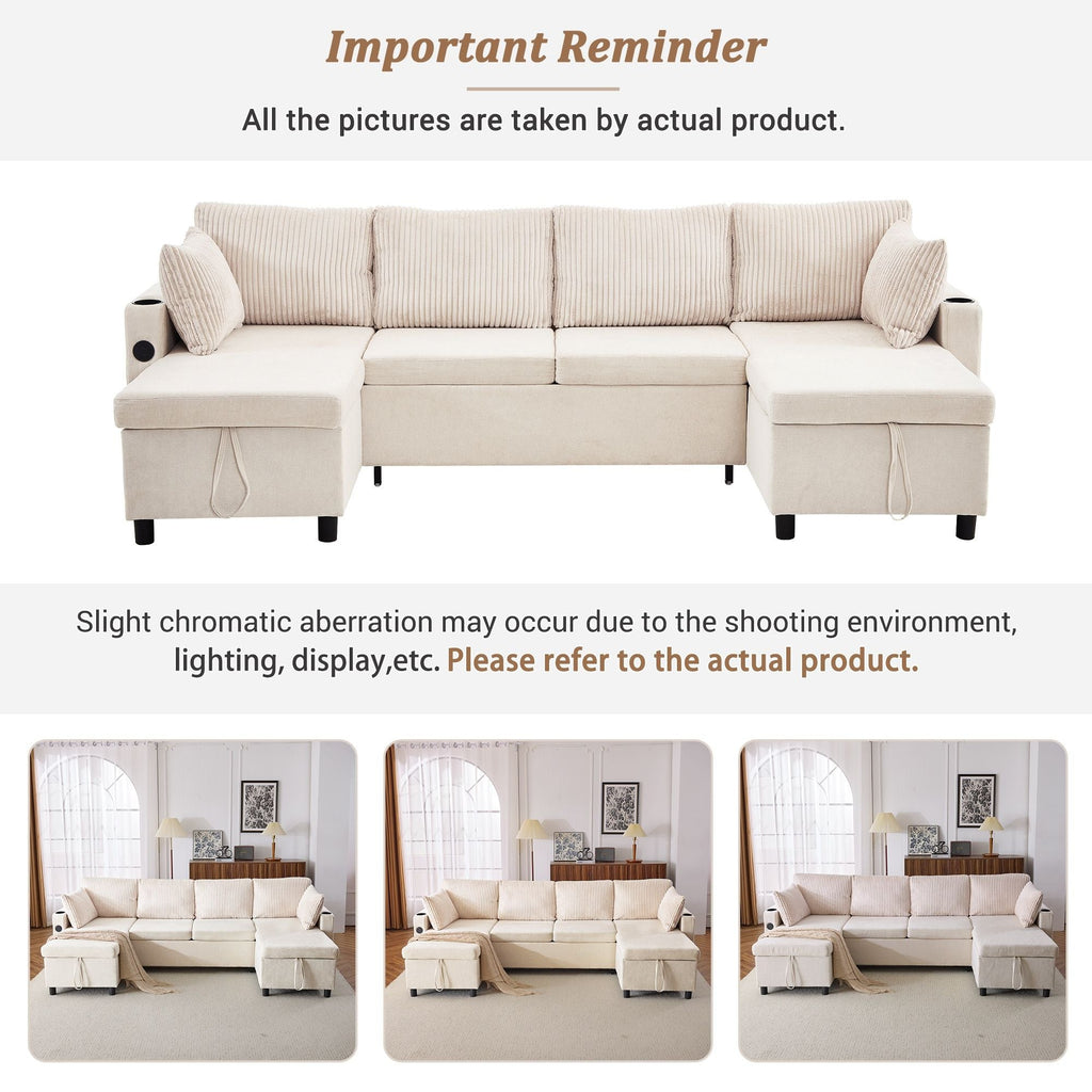 Sectional Sofa Bed With Pull Out Sleeper, USB Ports, Cup Holders