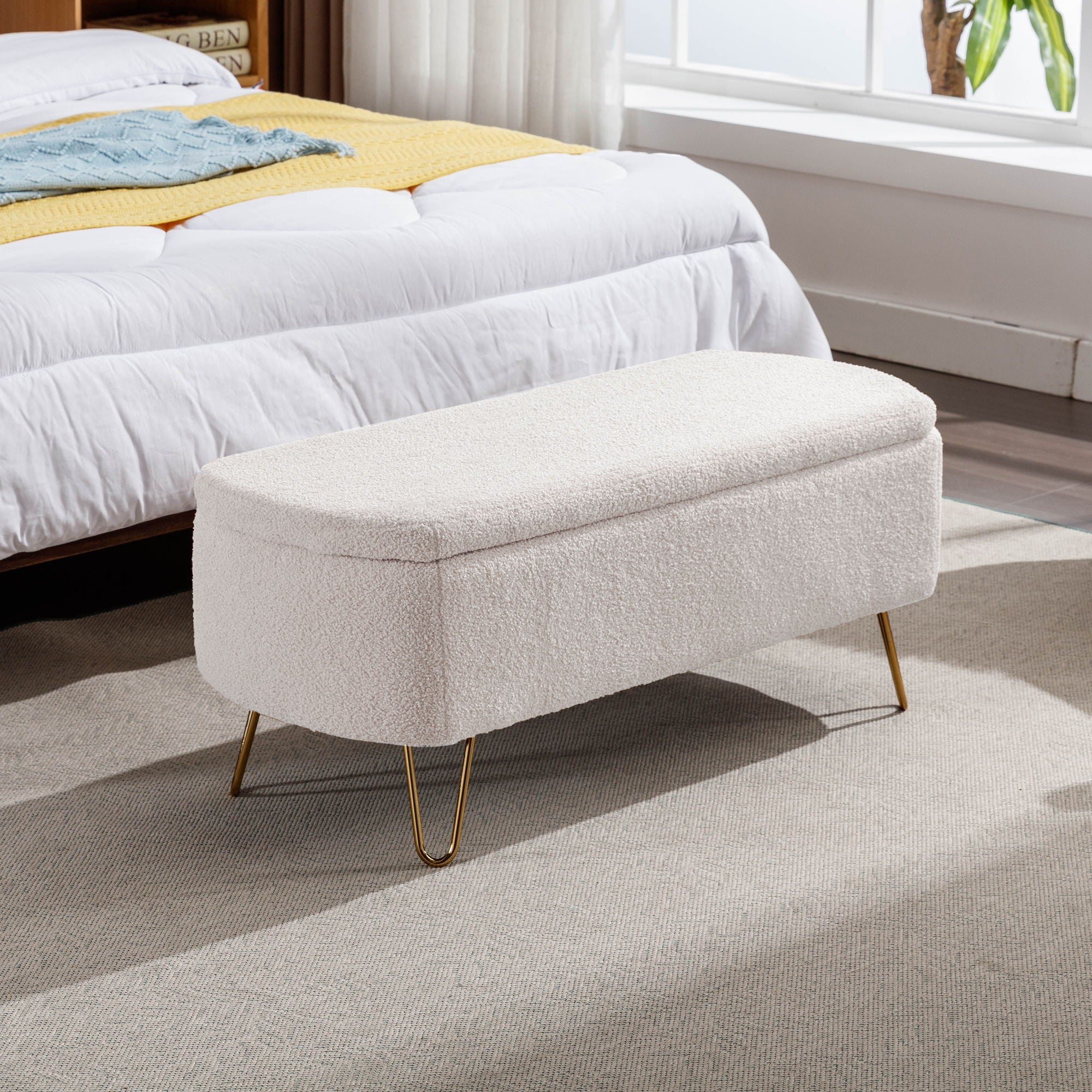 Storage Ottoman Bench For End Of Bed Legs, Modern Camel Faux Fur Entryway Bench Upholstered Padded With Storage For Living Room Bedroom