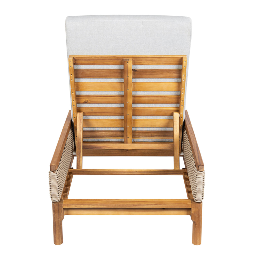 Solid Acacia Wood Sun Lounger with Grey Cushions and Light Grey Wicker