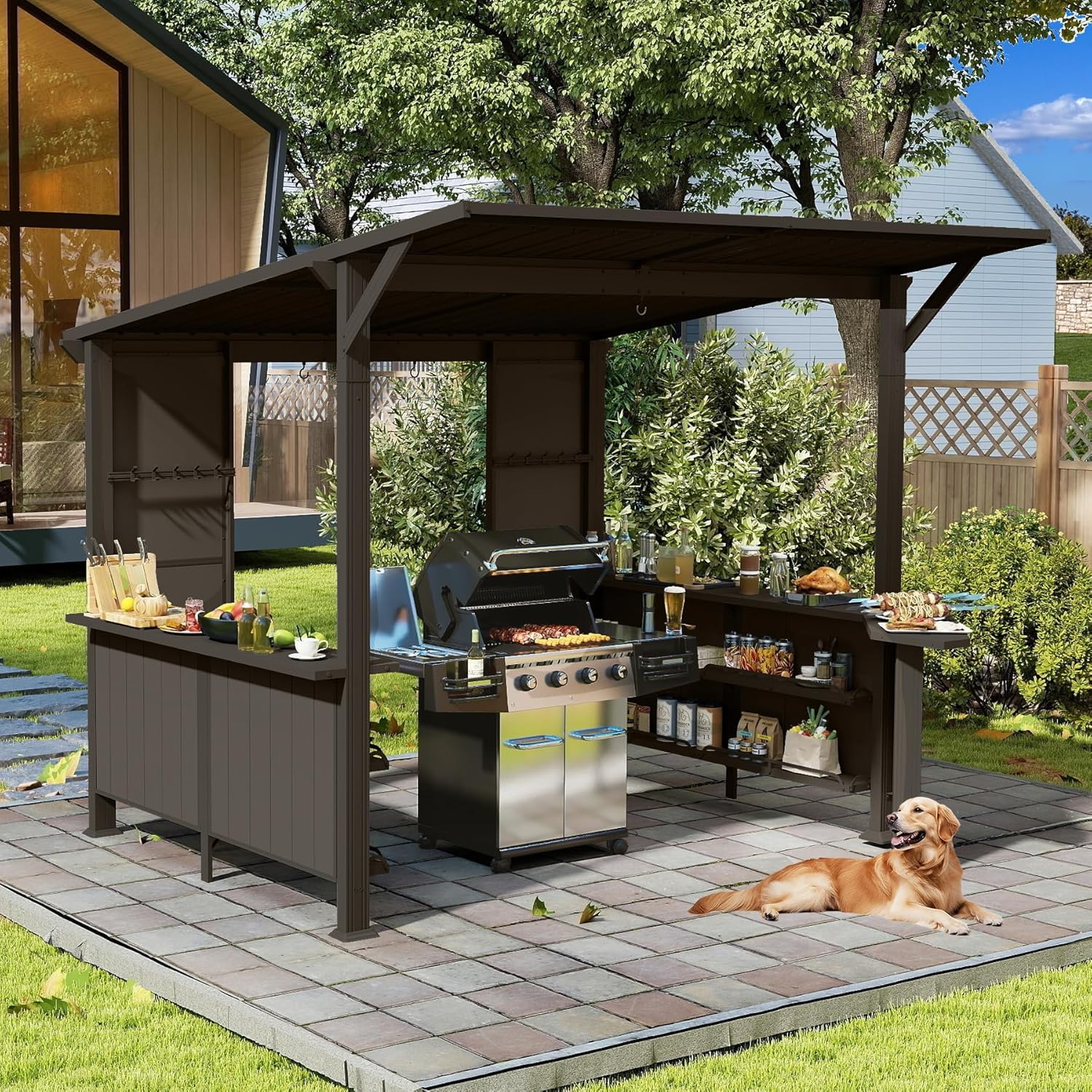 9X10FT Hardtop Grill Gazebo, Lean To Outdoor BBQ Gazebo with Storage Shelves and Expansion Platform