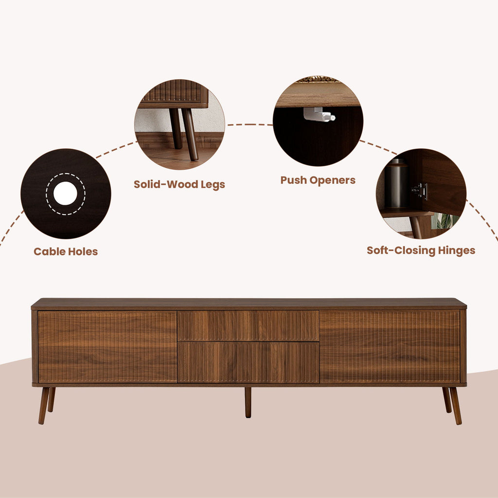 Fluted TV Stand With Storage Drawers And Cabinets For TVs Up To 80", Soft-Close Hinges, Cable Management - Walnut