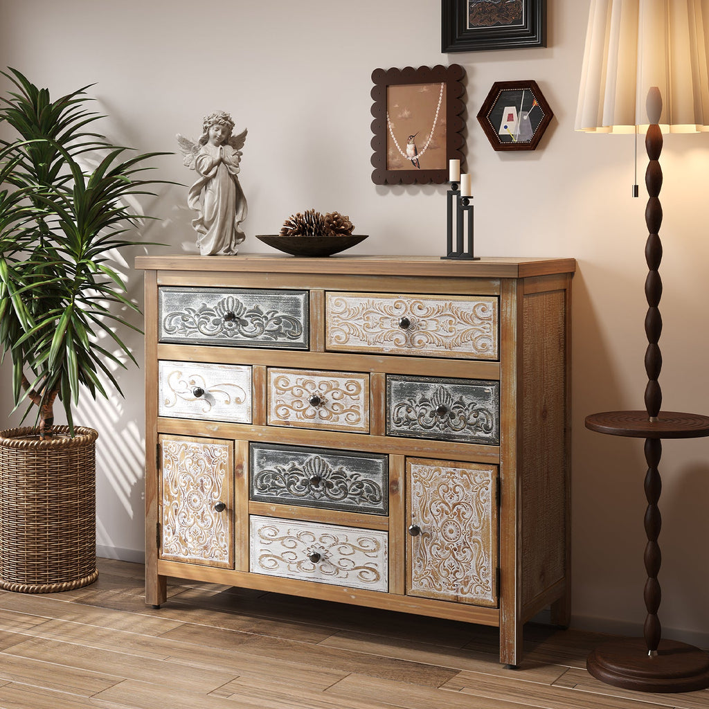 Vintage Wooden Accent Chest with 7 Drawers & 2 Cabinets
