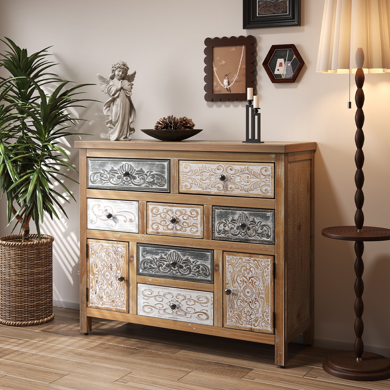 Vintage Wooden Accent Chest with 7 Drawers & 2 Cabinets