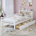 Bed With Headboard Storage Rack, 2 Under Bed Drawers, 3 Side Guardrails For Safety