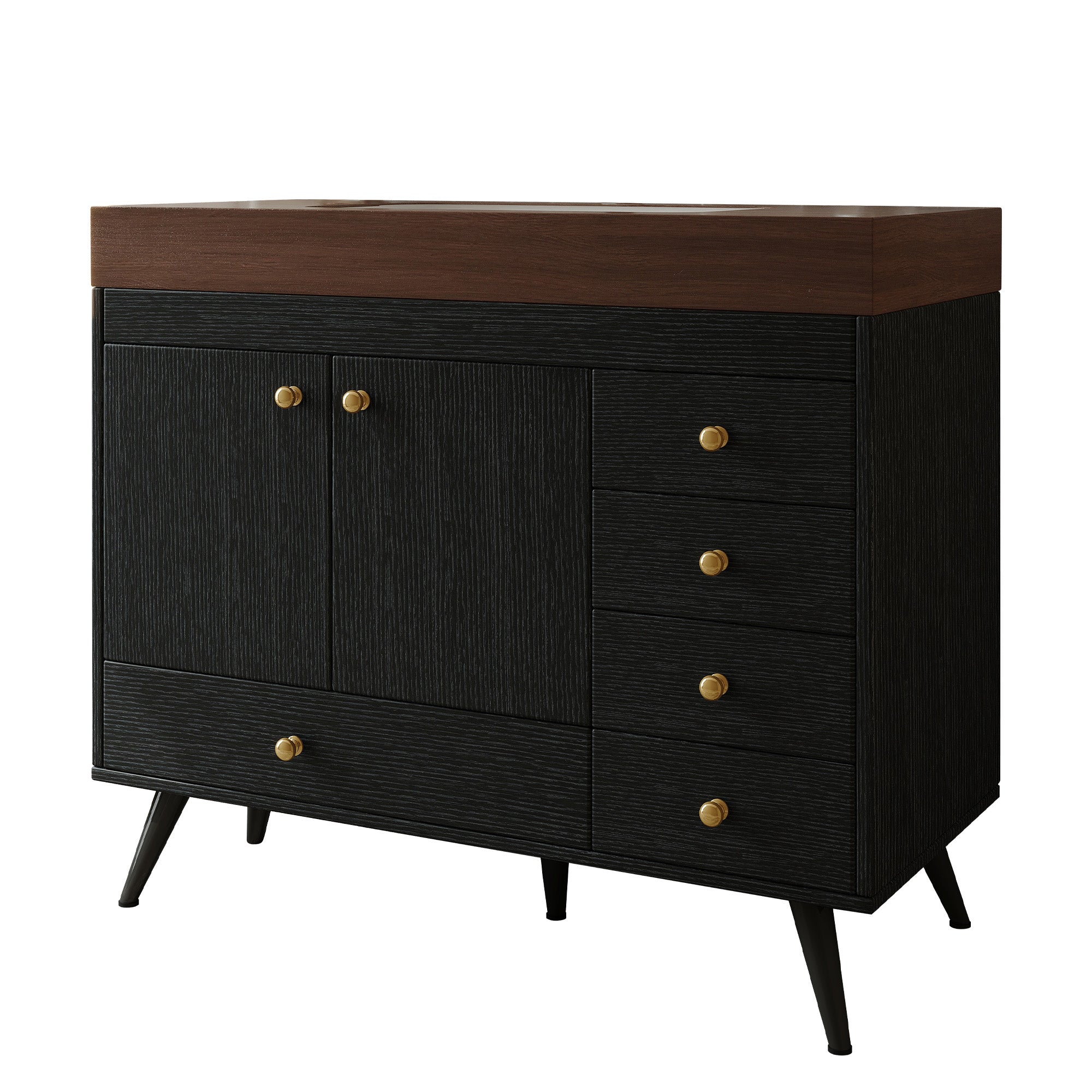 36" Freestanding Bathroom Vanity with Faux Marble Top, Ceramic Sink, 5 Drawers & Stainless Steel Legs