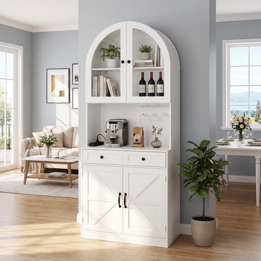 75" Farmhouse Tall Arched Pantry Cabinet with Charging Station