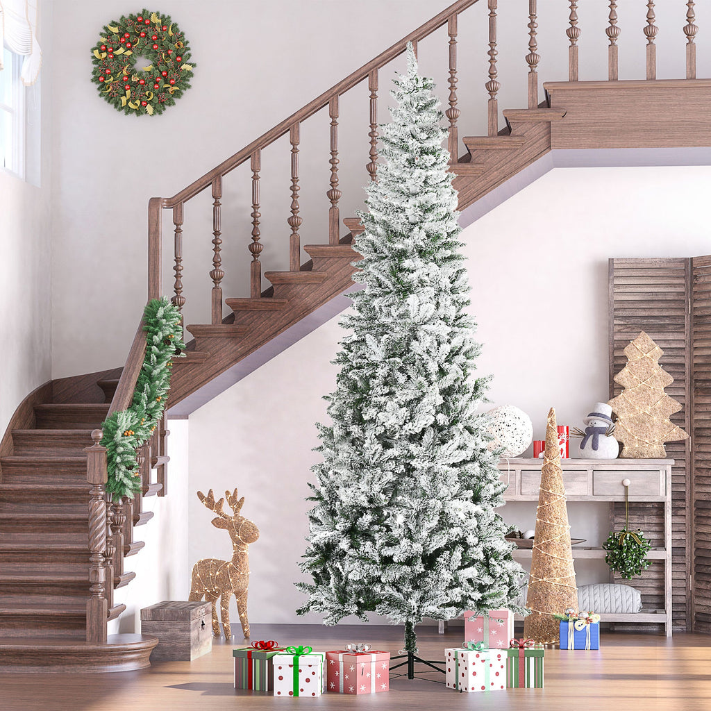 HOMCOM 9ft Unlit Snow-Flocked Slim Pine Artificial Christmas Tree