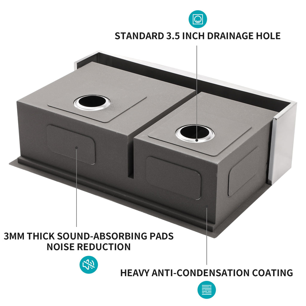 Double Bowl Farmhouse Sink Workstation 33" Stainless Steel 16 Gauge Apron Front - Black / Gray