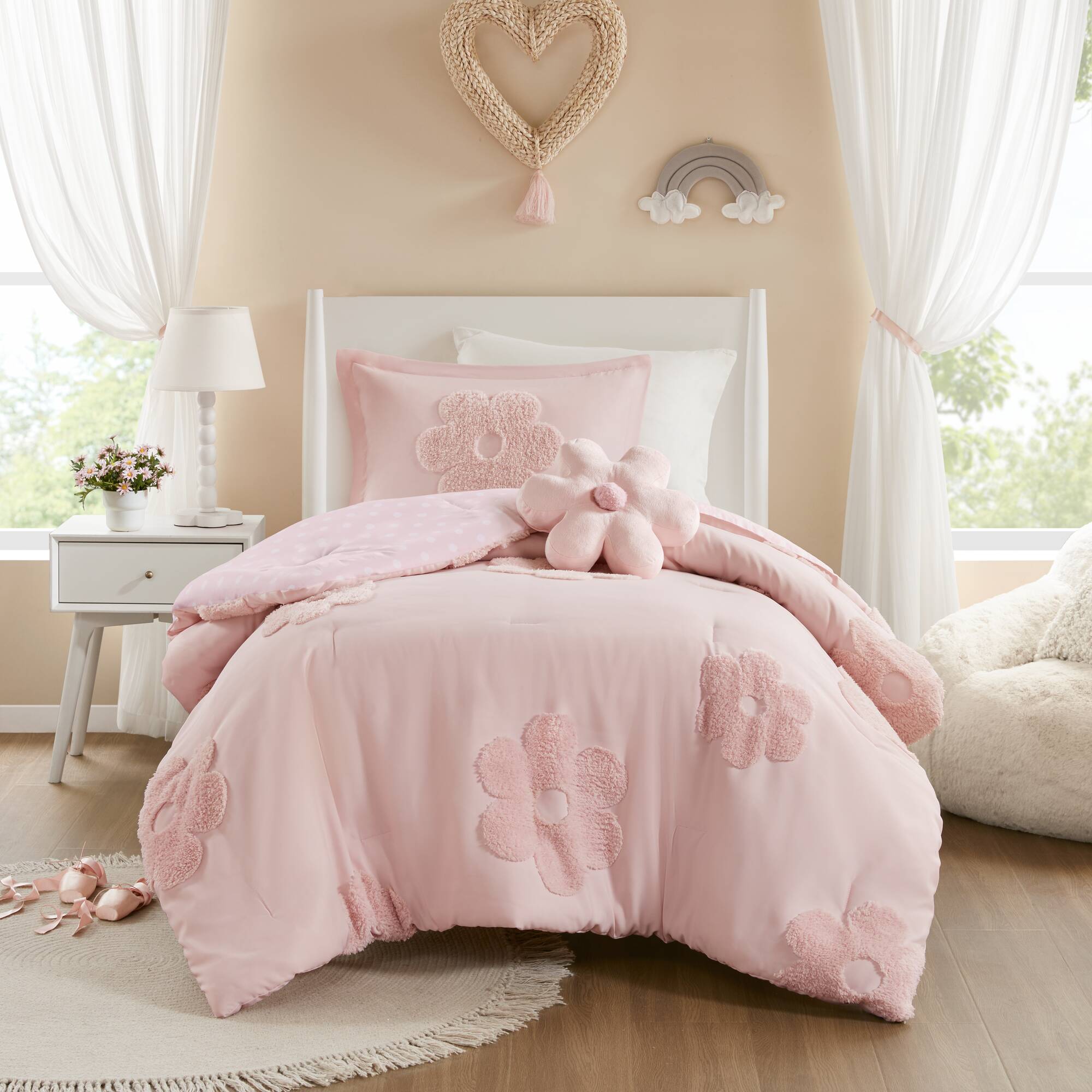 3-Piece Twin Floral Reversible Tufted Chenille Comforter Set