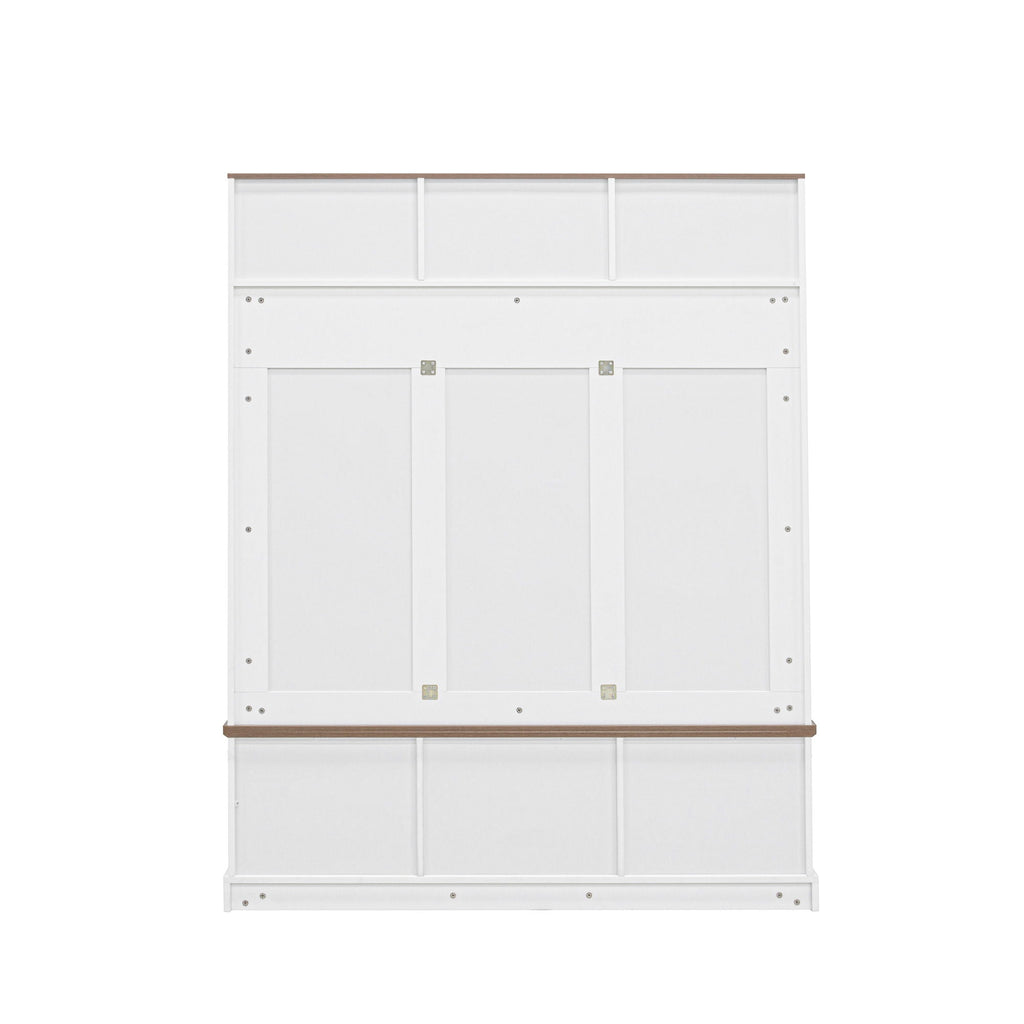 Hall Tree With Bench And Shoe Storage, 5 In 1 Entryway Organizer Cabinet With Coat Rack, 4 Shoe Cubbies & 7 Hooks - White
